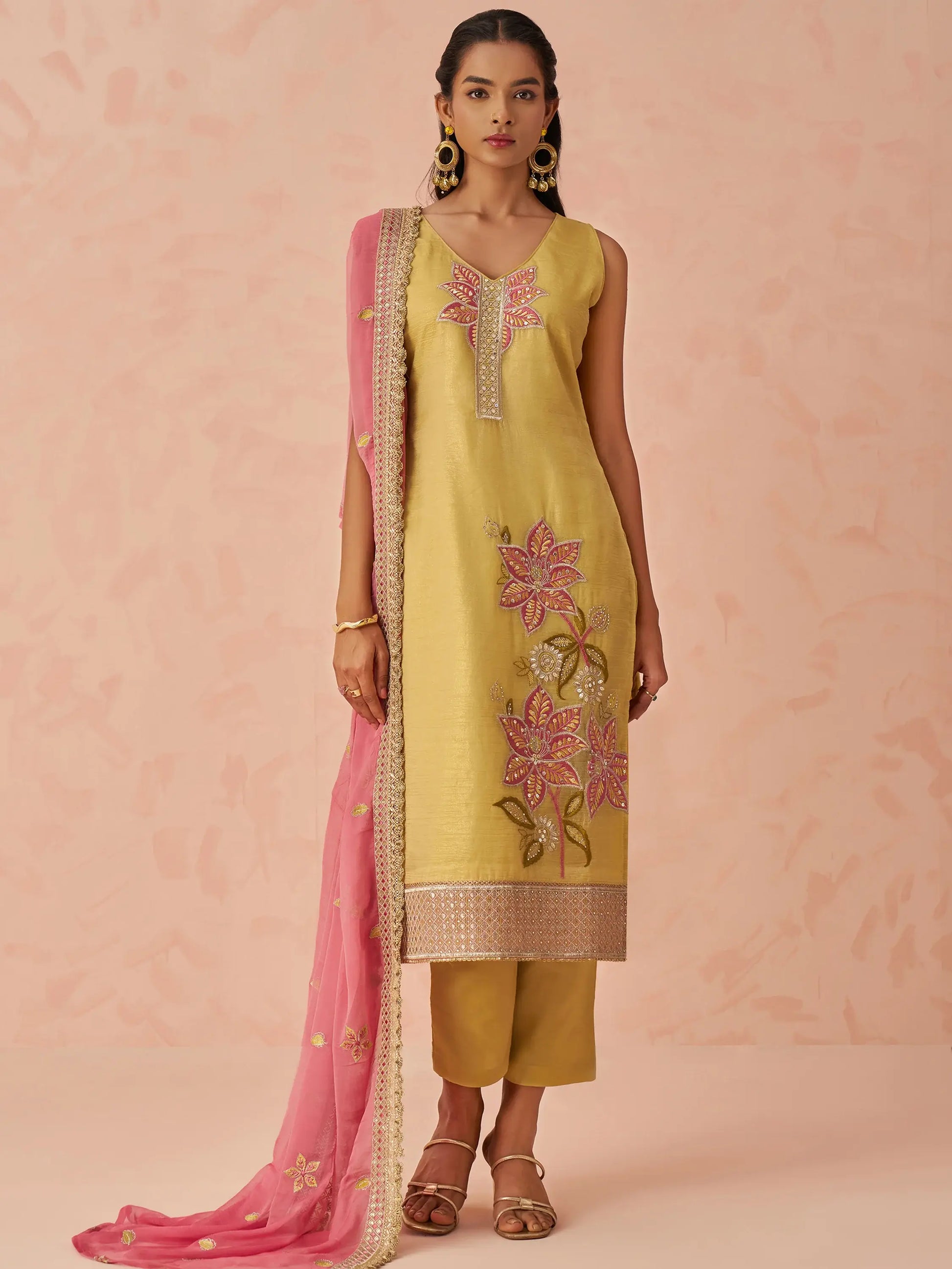 Awesome Yellow Floral Embroidery Silk Event Wear Pant Suit - Zeel Clothing