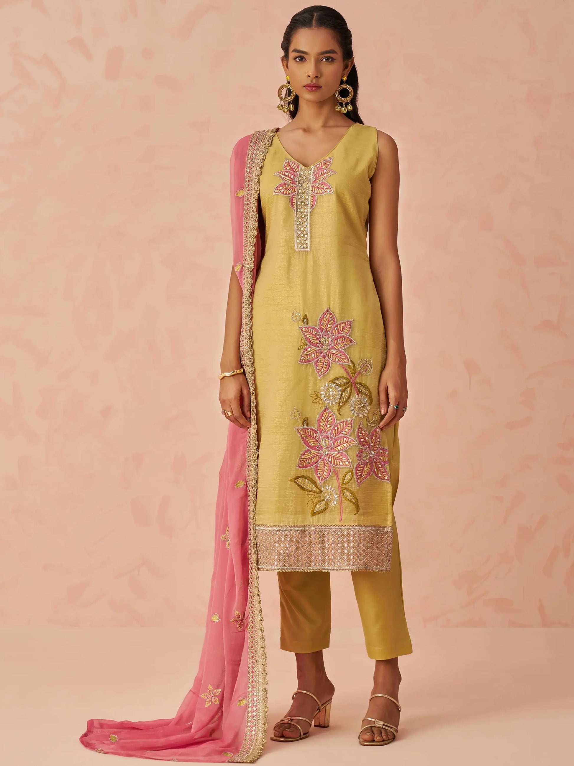 Awesome Yellow Floral Embroidery Silk Event Wear Pant Suit - Zeel Clothing