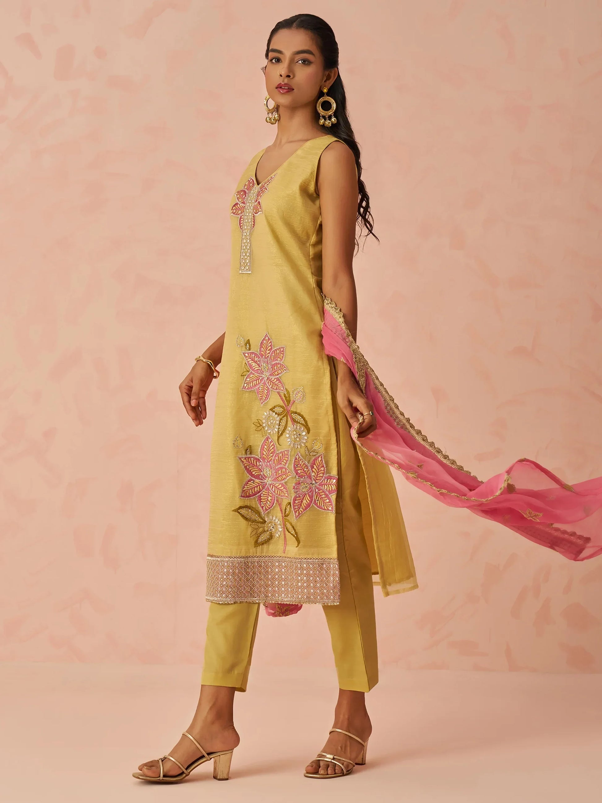 Awesome Yellow Floral Embroidery Silk Event Wear Pant Suit - Zeel Clothing