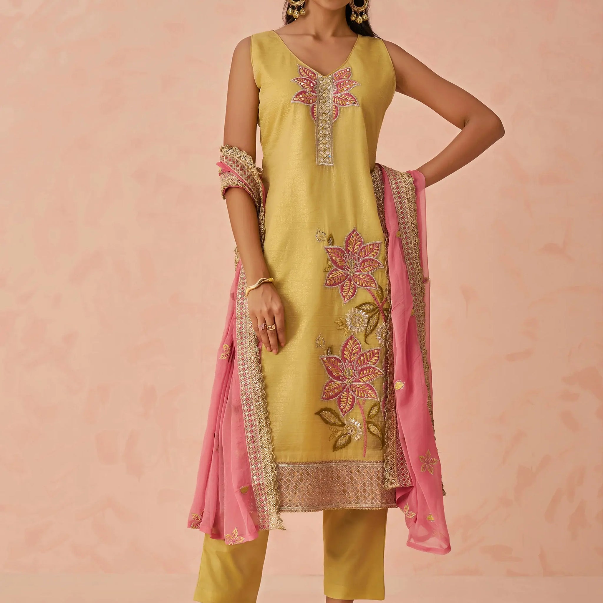 Awesome Yellow Floral Embroidery Silk Event Wear Pant Suit - Zeel Clothing