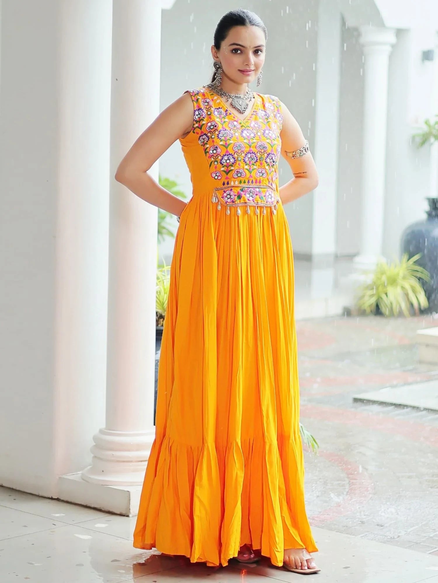 Awesome Yellow Gamthi Work Rayon Navratri Special Gown - Zeel Clothing