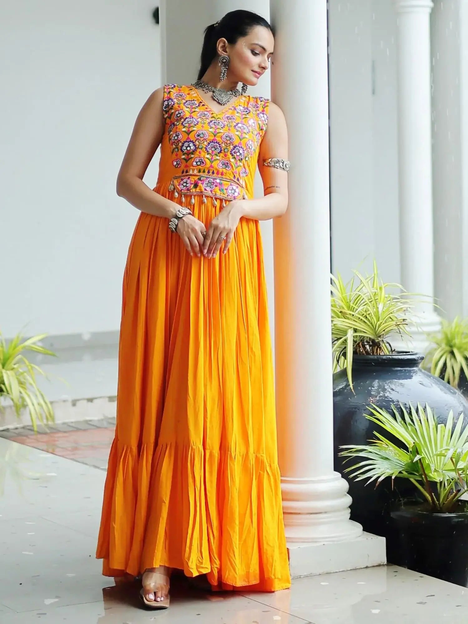 Awesome Yellow Gamthi Work Rayon Navratri Special Gown - Zeel Clothing