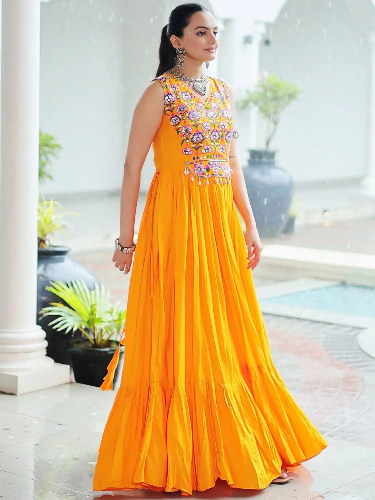 Awesome Yellow Gamthi Work Rayon Navratri Special Gown - Zeel Clothing