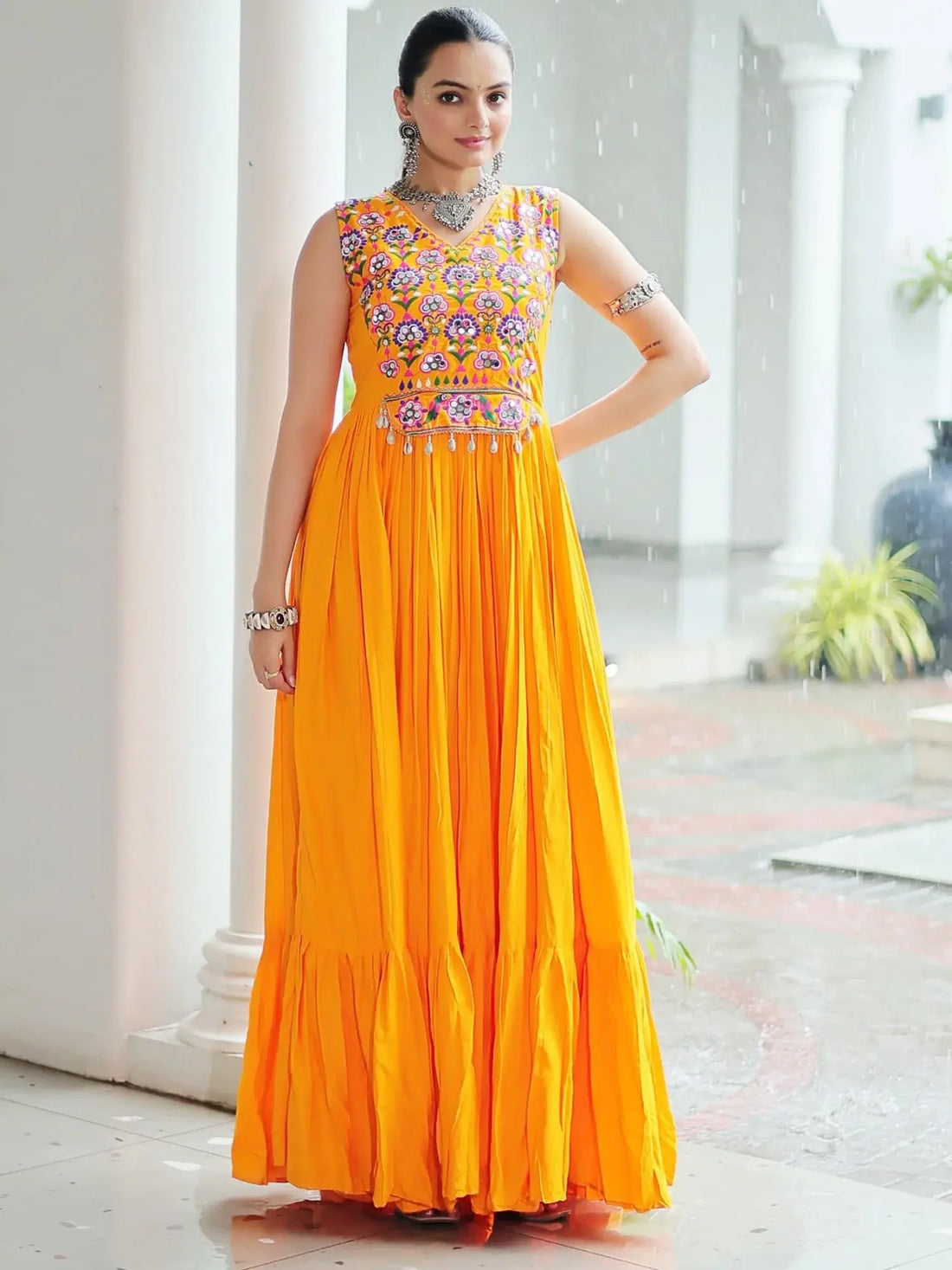 Awesome Yellow Gamthi Work Rayon Navratri Special Gown - Zeel Clothing
