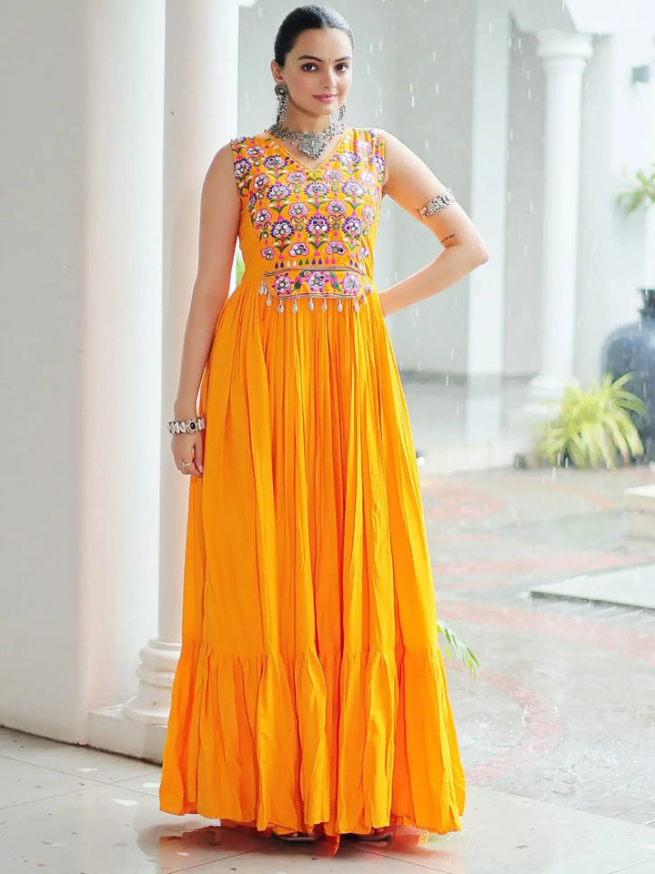 Awesome Yellow Gamthi Work Rayon Navratri Special Gown - Zeel Clothing