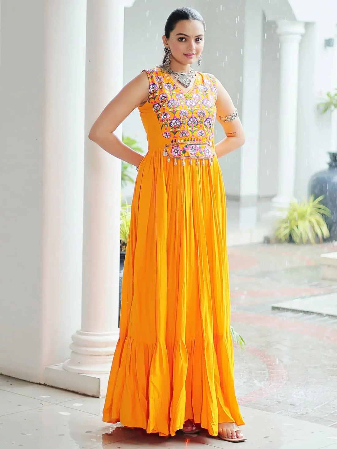Awesome Yellow Gamthi Work Rayon Navratri Special Gown - Zeel Clothing