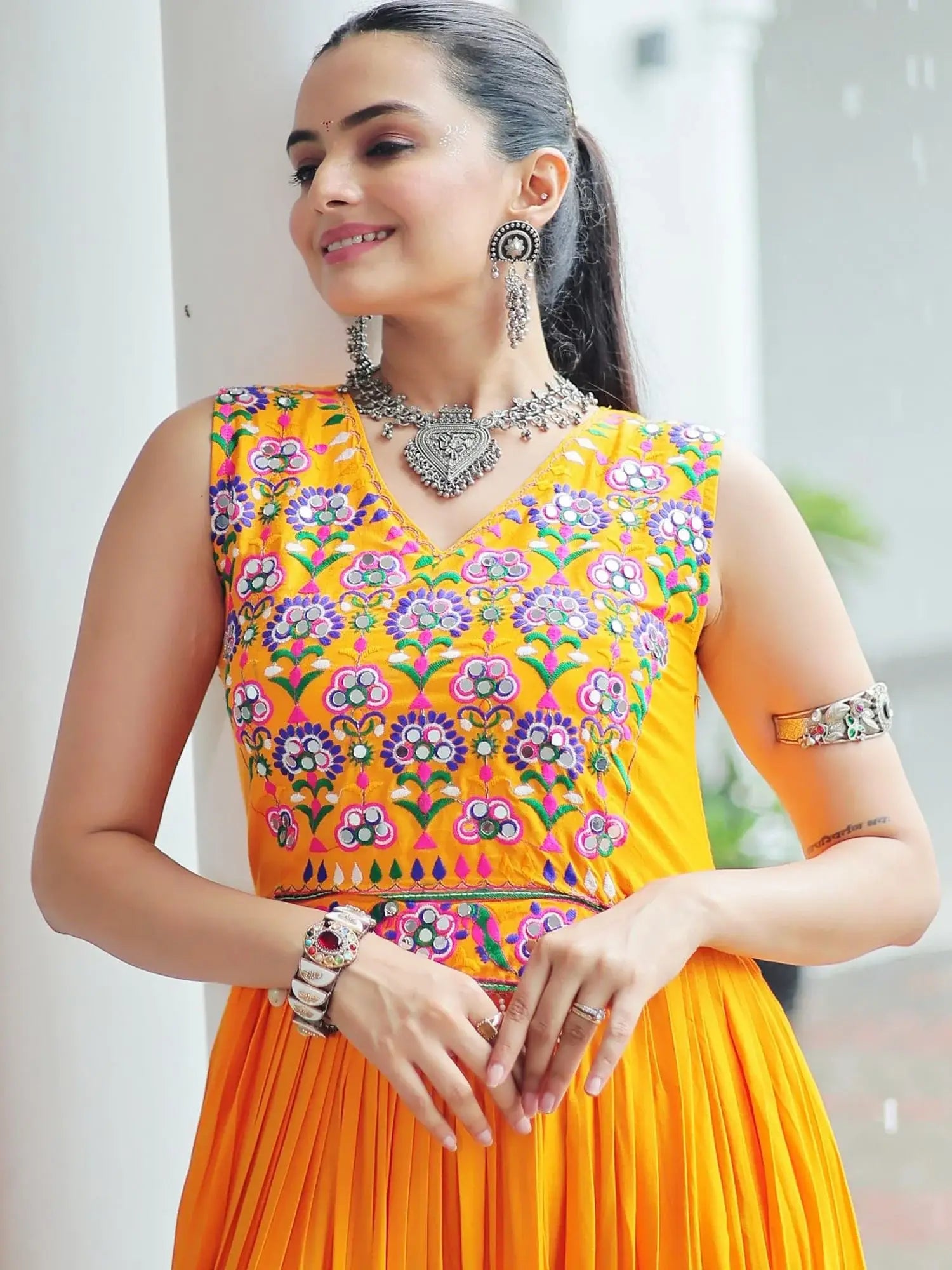 Awesome Yellow Gamthi Work Rayon Navratri Special Gown - Zeel Clothing
