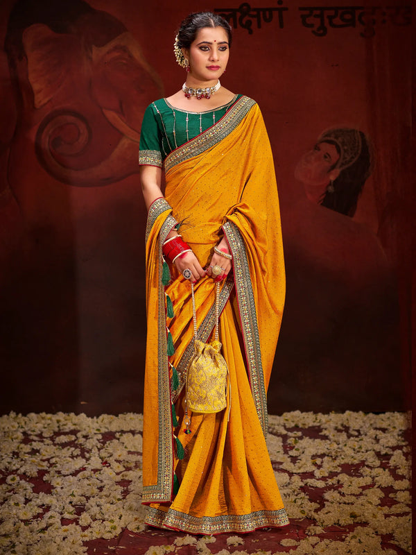 Awesome Yellow Heavy Lace Work Silk Haldi Wear Saree With Blouse - Zeel Clothing