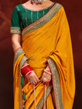 Awesome Yellow Heavy Lace Work Silk Haldi Wear Saree With Blouse - Zeel Clothing
