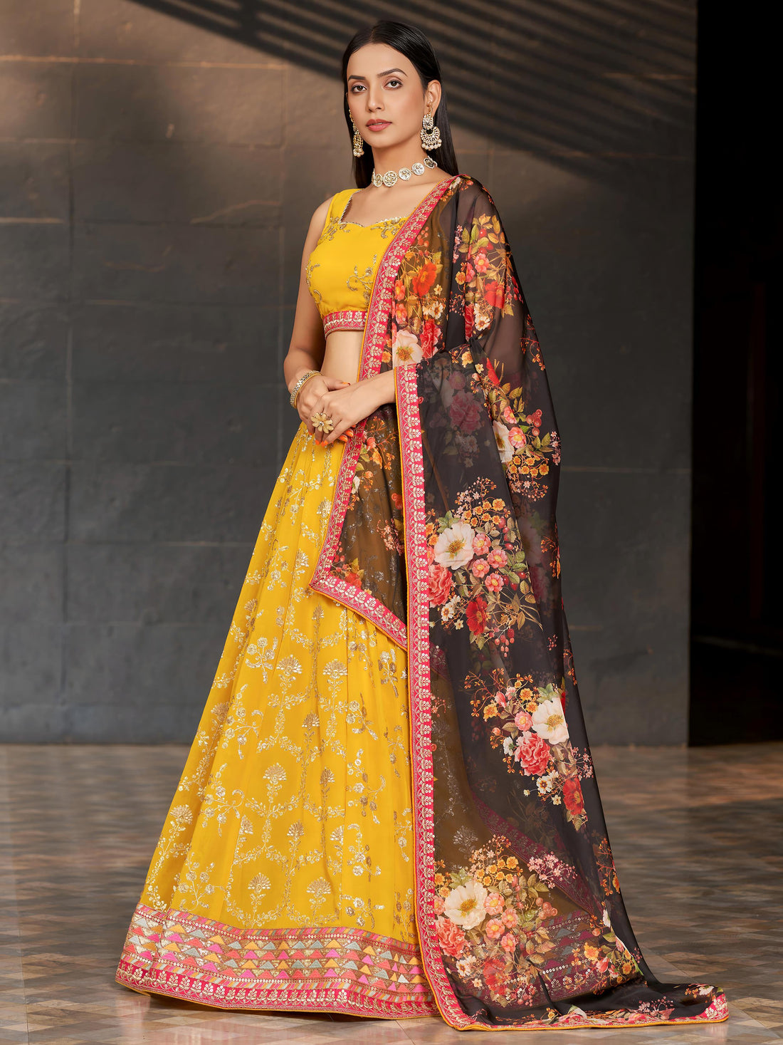 Awesome Yellow Sequins Georgette Haldi Wear Lehenga Choli