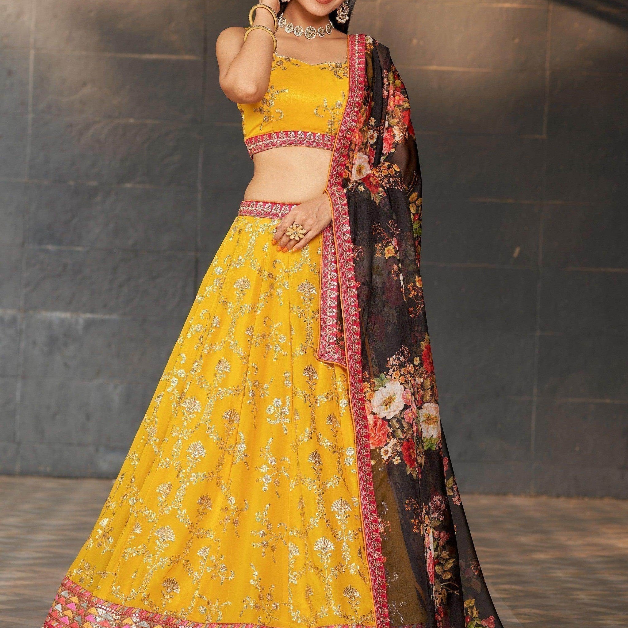 Awesome Yellow Sequins Georgette Haldi Wear Lehenga Choli - Zeel Clothing