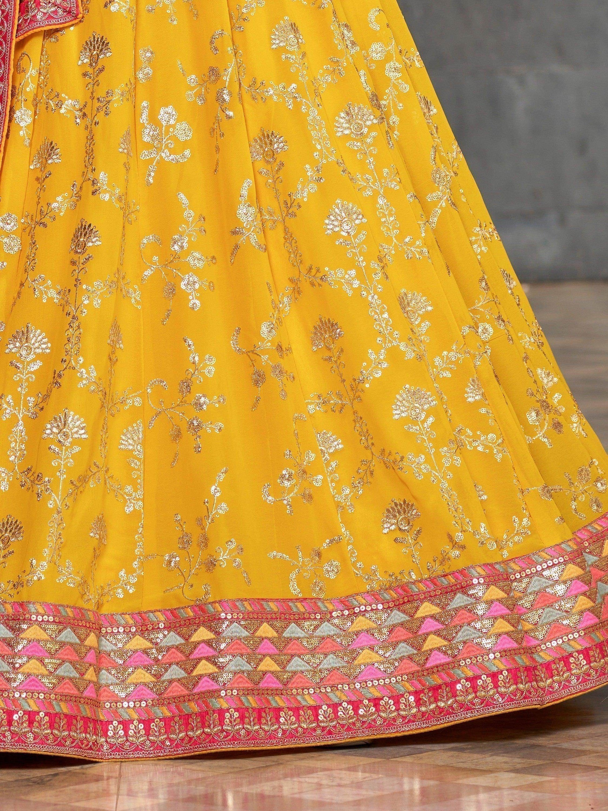 Awesome Yellow Sequins Georgette Haldi Wear Lehenga Choli - Zeel Clothing