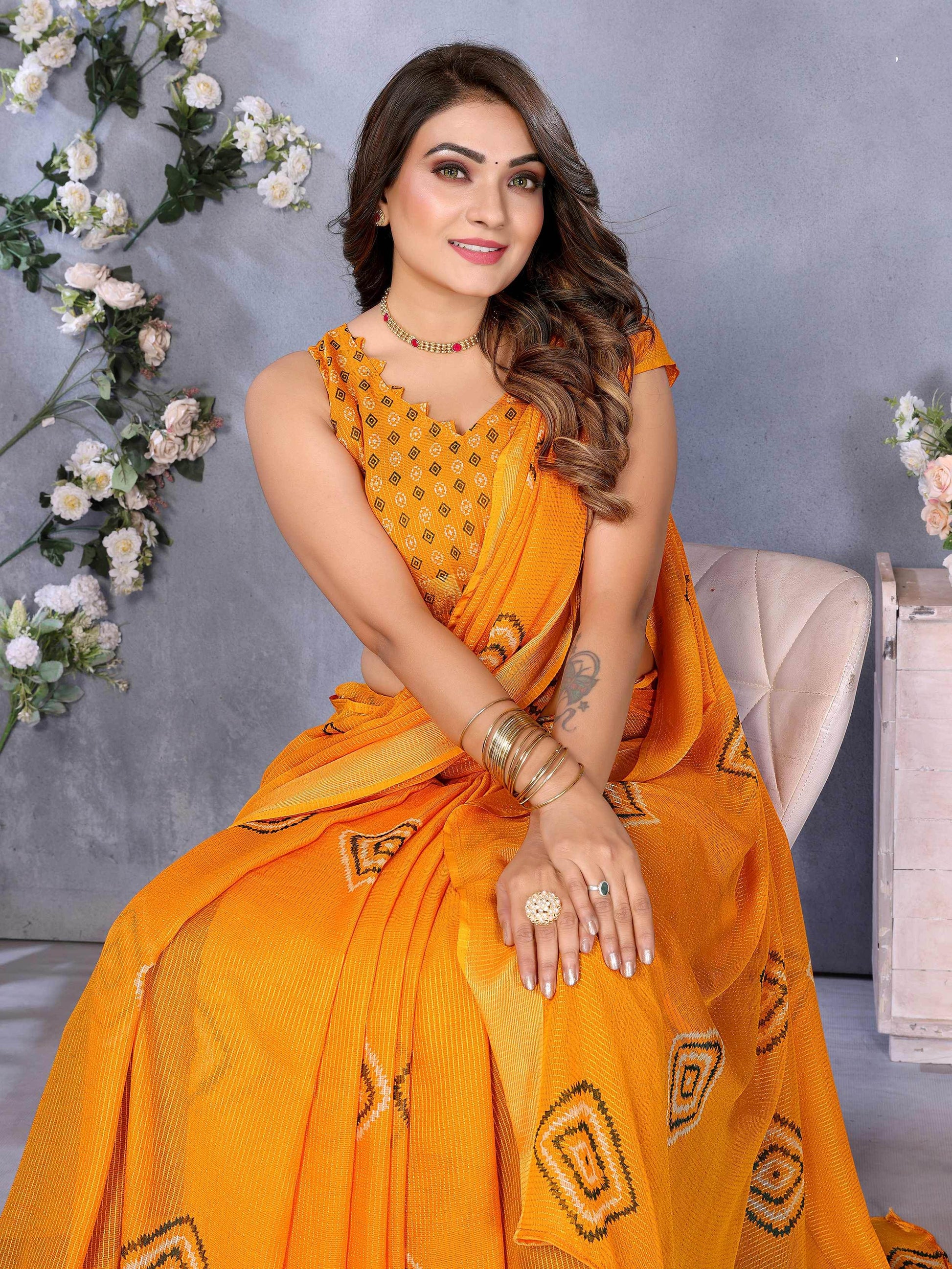 Awesome Yellow Shibori Print Chiffon Haldi Wear Saree With Blouse - Zeel Clothing