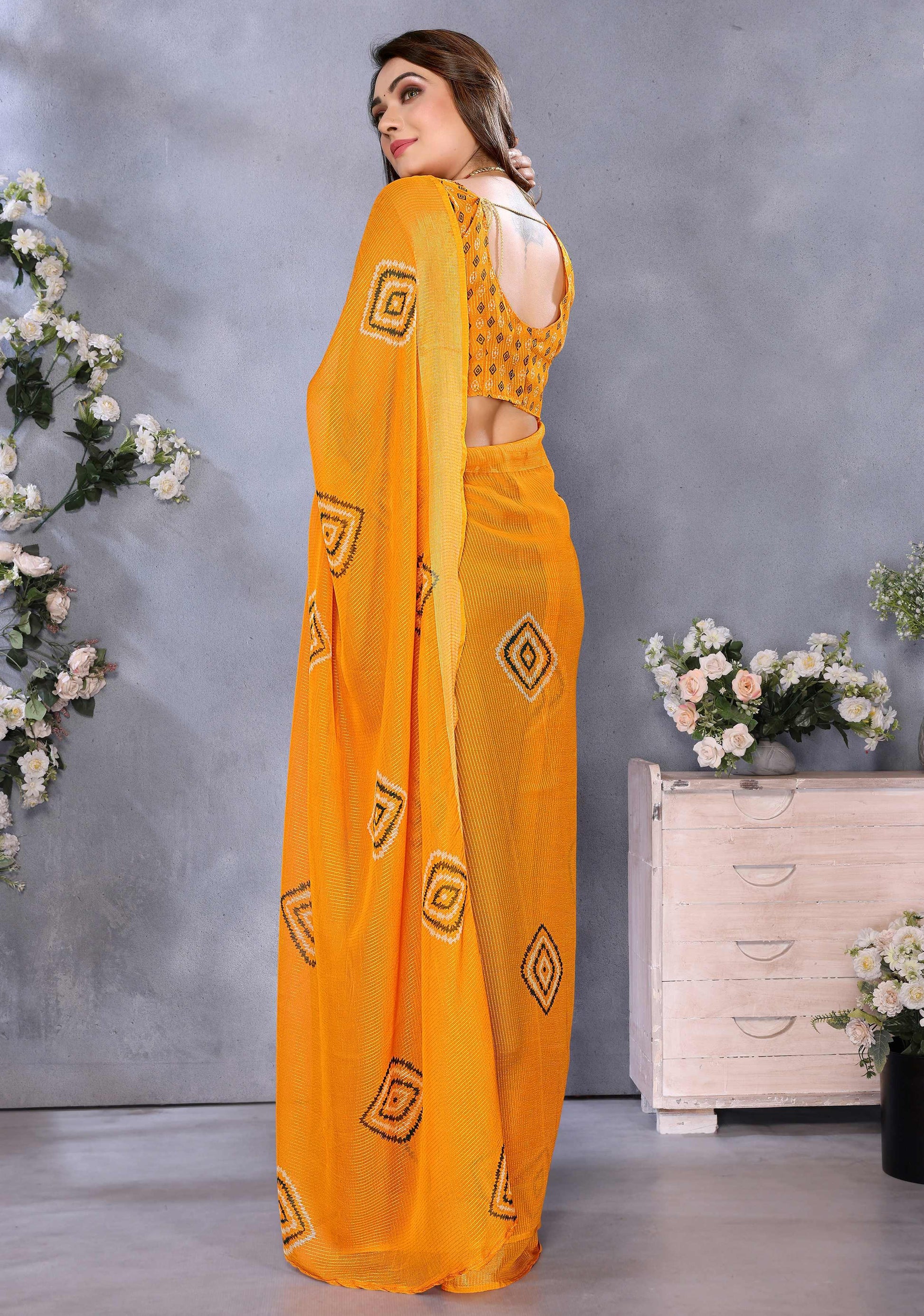 Awesome Yellow Shibori Print Chiffon Haldi Wear Saree With Blouse - Zeel Clothing