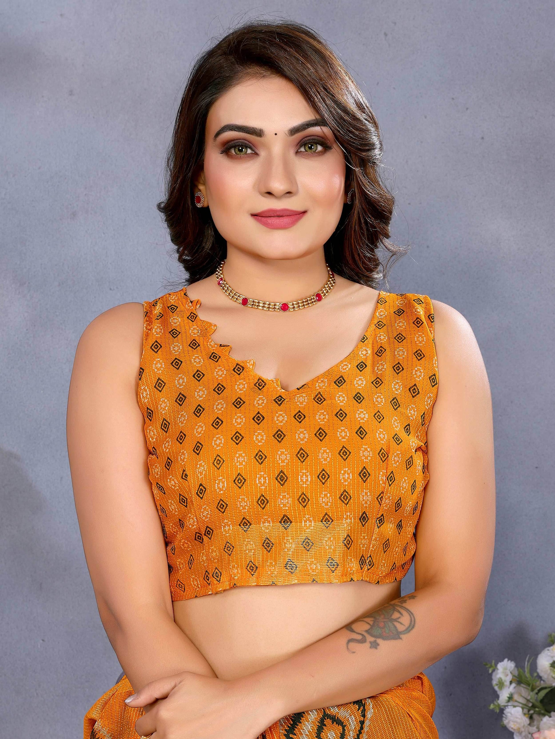 Awesome Yellow Shibori Print Chiffon Haldi Wear Saree With Blouse - Zeel Clothing