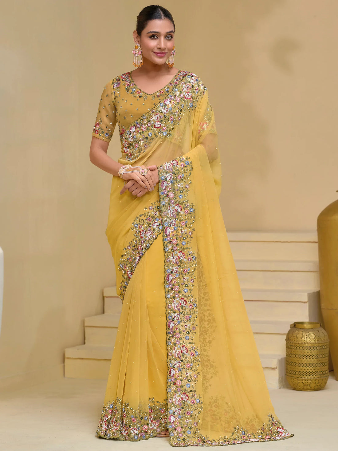 Awesome Yellow Stone Work Organza Haldi Wear Saree With Blouse - Zeel Clothing
