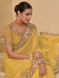 Awesome Yellow Stone Work Organza Haldi Wear Saree With Blouse - Zeel Clothing