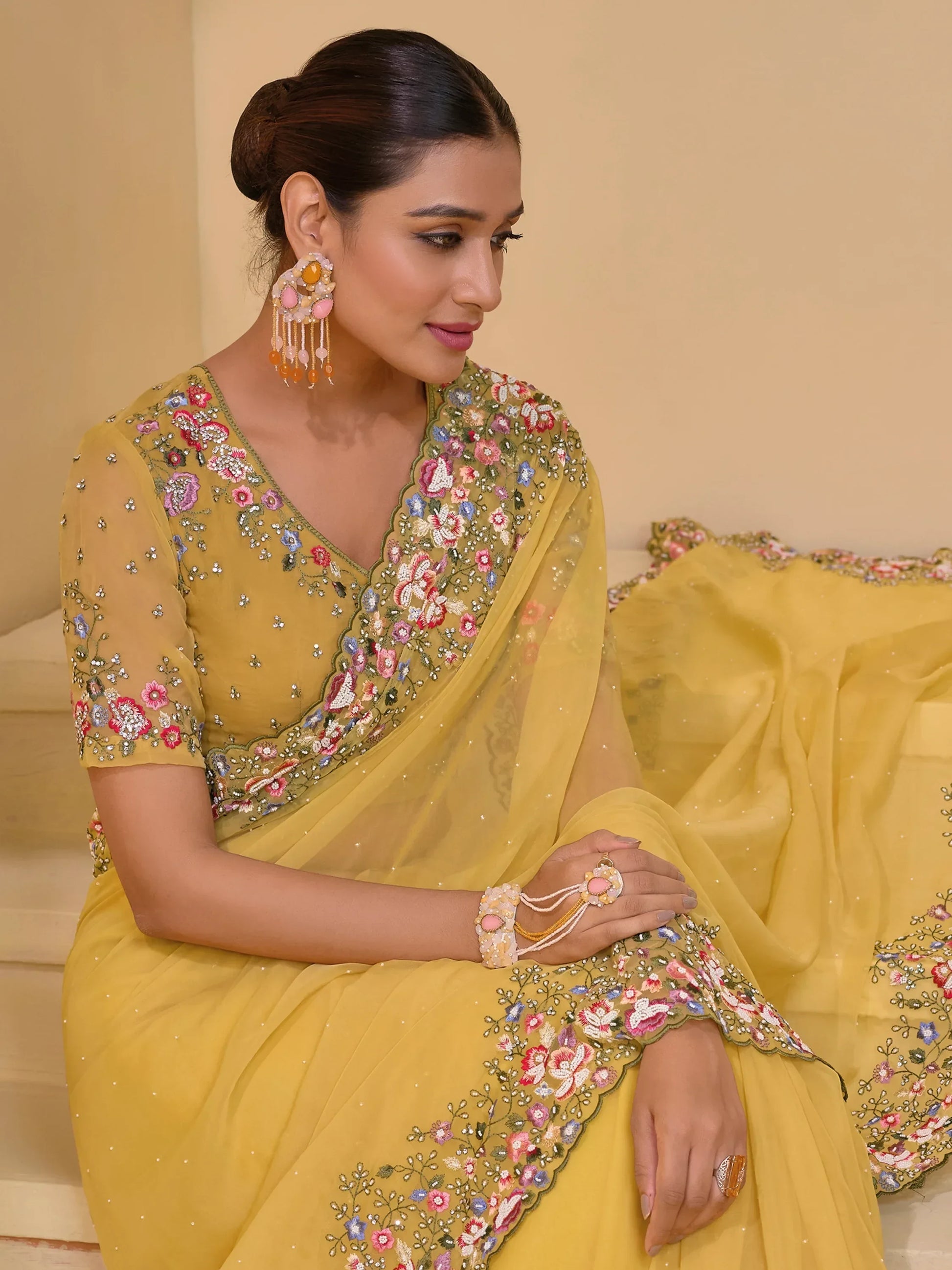 Awesome Yellow Stone Work Organza Haldi Wear Saree With Blouse - Zeel Clothing