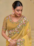 Awesome Yellow Stone Work Organza Haldi Wear Saree With Blouse - Zeel Clothing