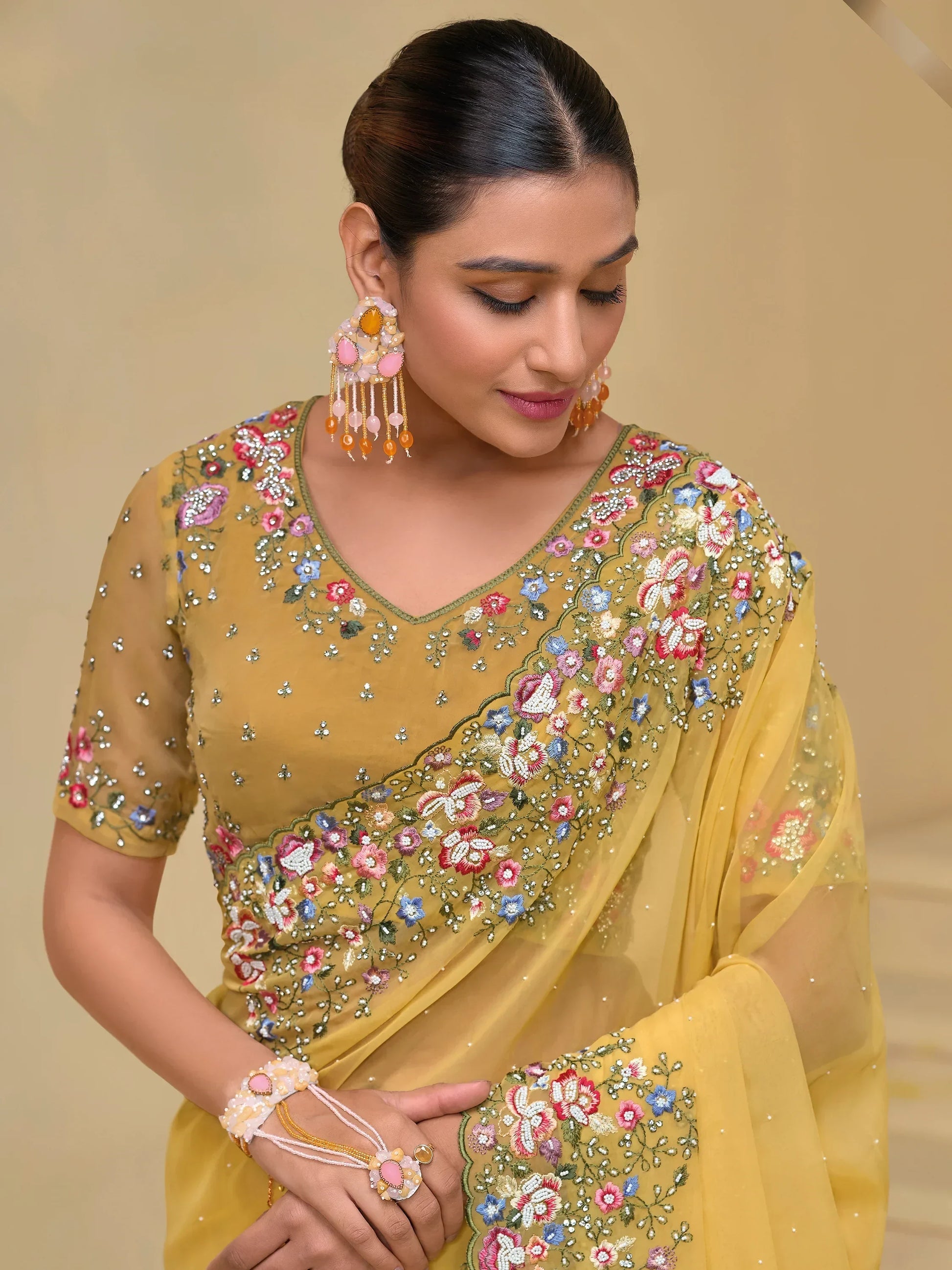Awesome Yellow Stone Work Organza Haldi Wear Saree With Blouse - Zeel Clothing