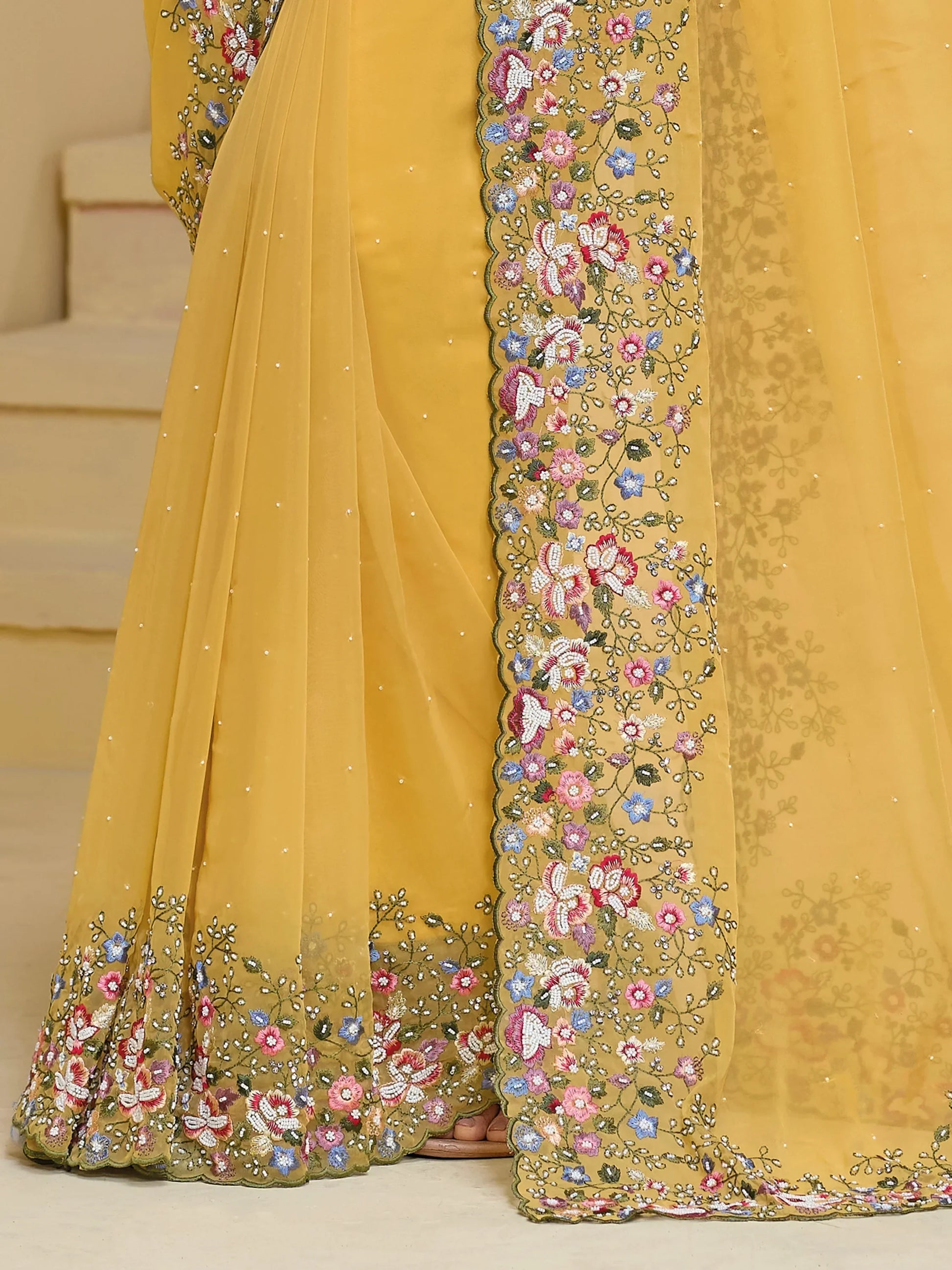 Awesome Yellow Stone Work Organza Haldi Wear Saree With Blouse - Zeel Clothing