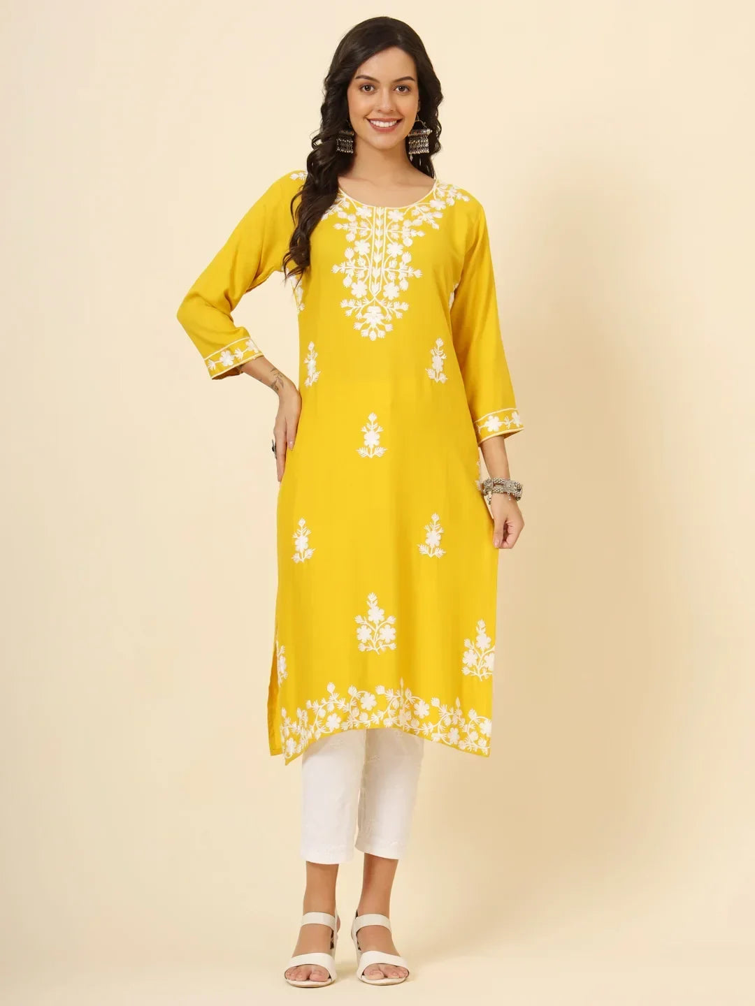 Awesome Yellow Thread Embroidery Rayon Festival Wear Kurti - Zeel Clothing