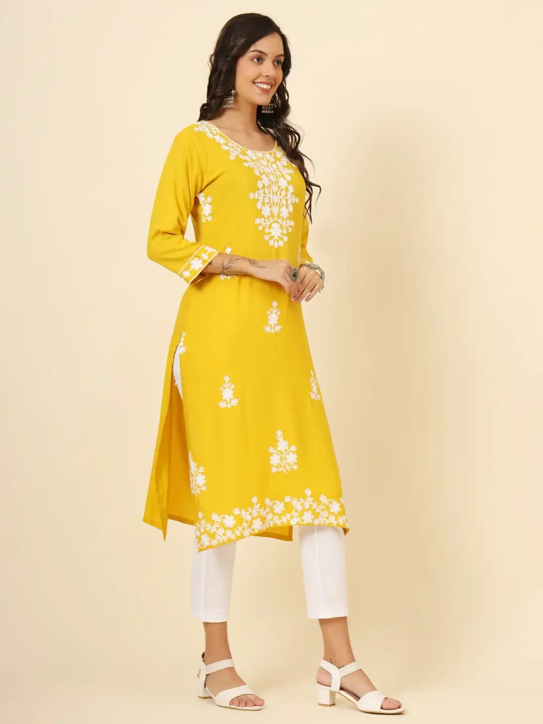 Awesome Yellow Thread Embroidery Rayon Festival Wear Kurti - Zeel Clothing