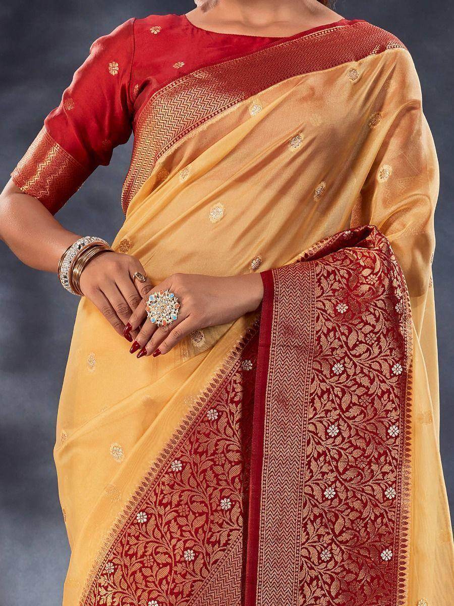 Awesome Yellow Woven Organza Silk Traditional Saree With Blouse - Zeel Clothing