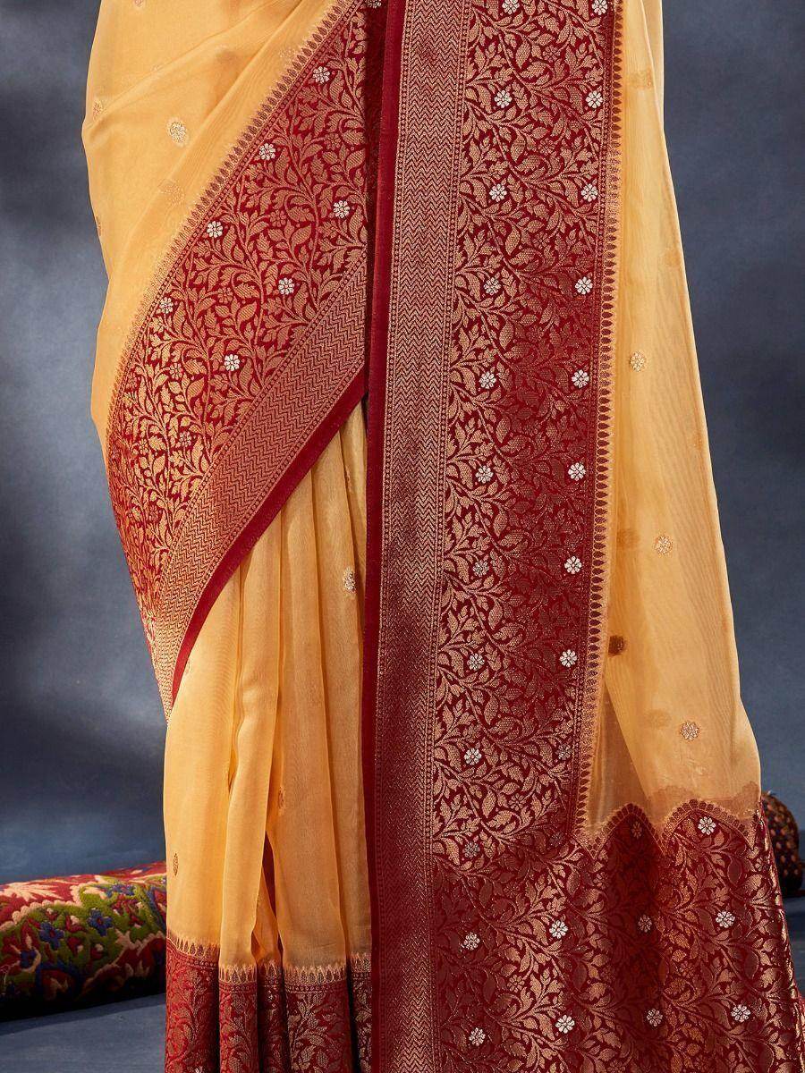 Awesome Yellow Woven Organza Silk Traditional Saree With Blouse - Zeel Clothing