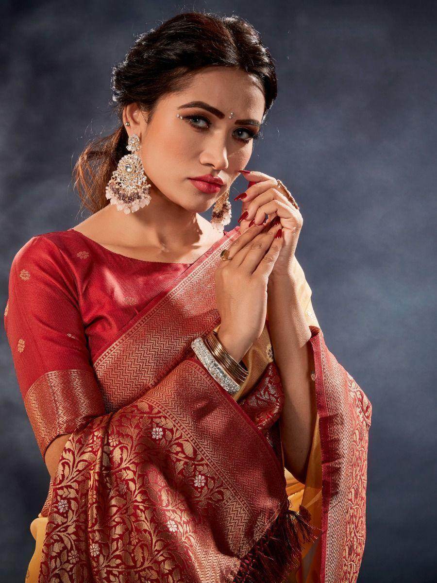 Awesome Yellow Woven Organza Silk Traditional Saree With Blouse - Zeel Clothing