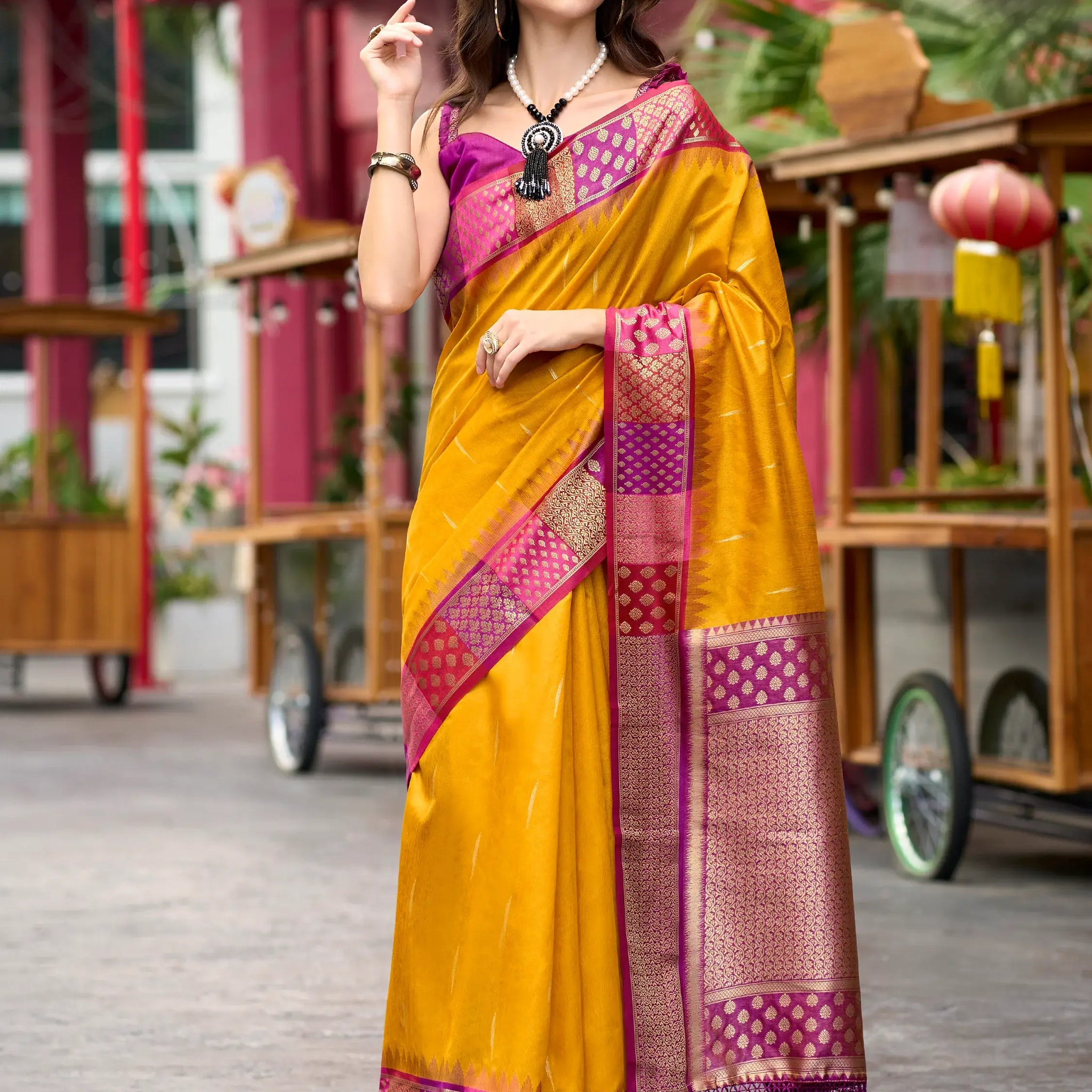 Awesome Yellow Zari Weaving Banarasi Silk Haldi Wear Saree With Blouse - Zeel Clothing