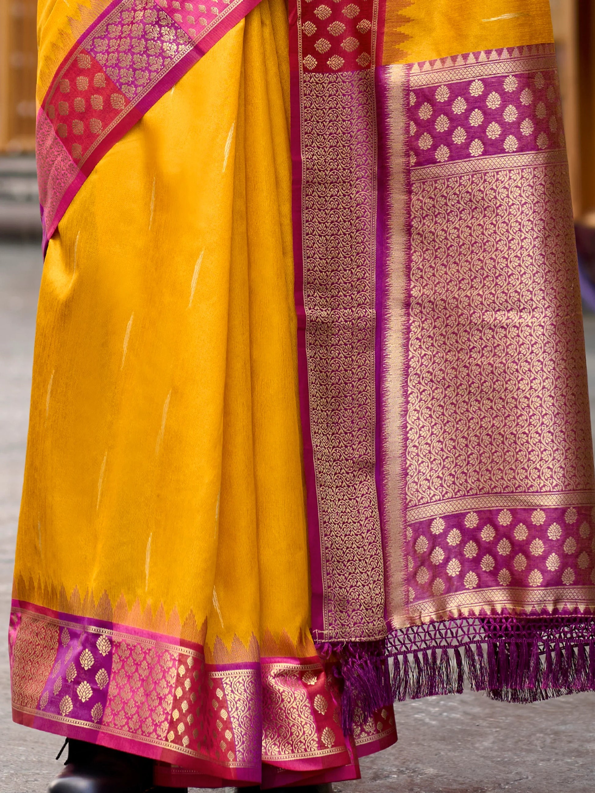 Awesome Yellow Zari Weaving Banarasi Silk Haldi Wear Saree With Blouse - Zeel Clothing