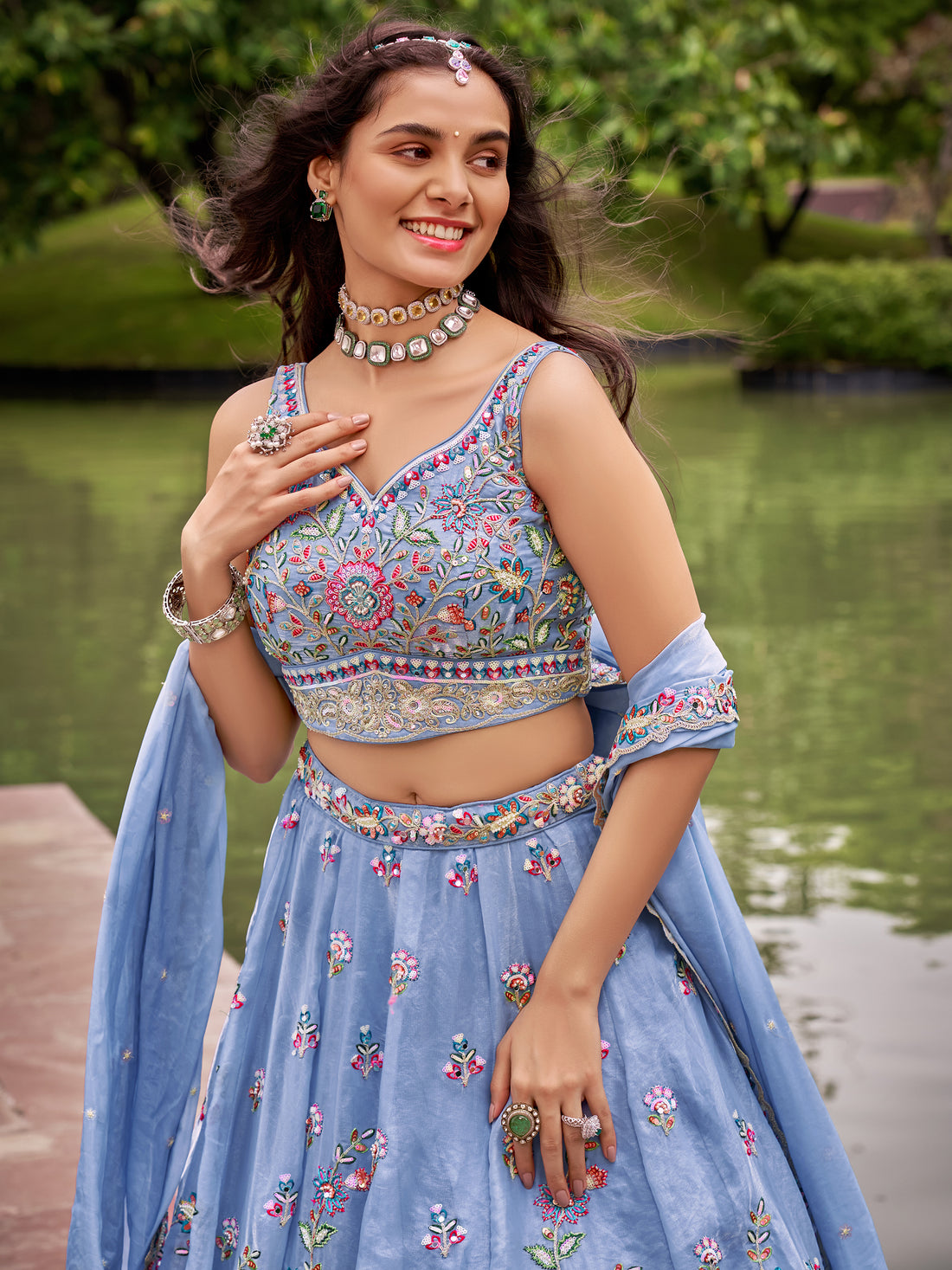 Adorable Blue Thread Work Organza Wedding Wear Lehenga Choli