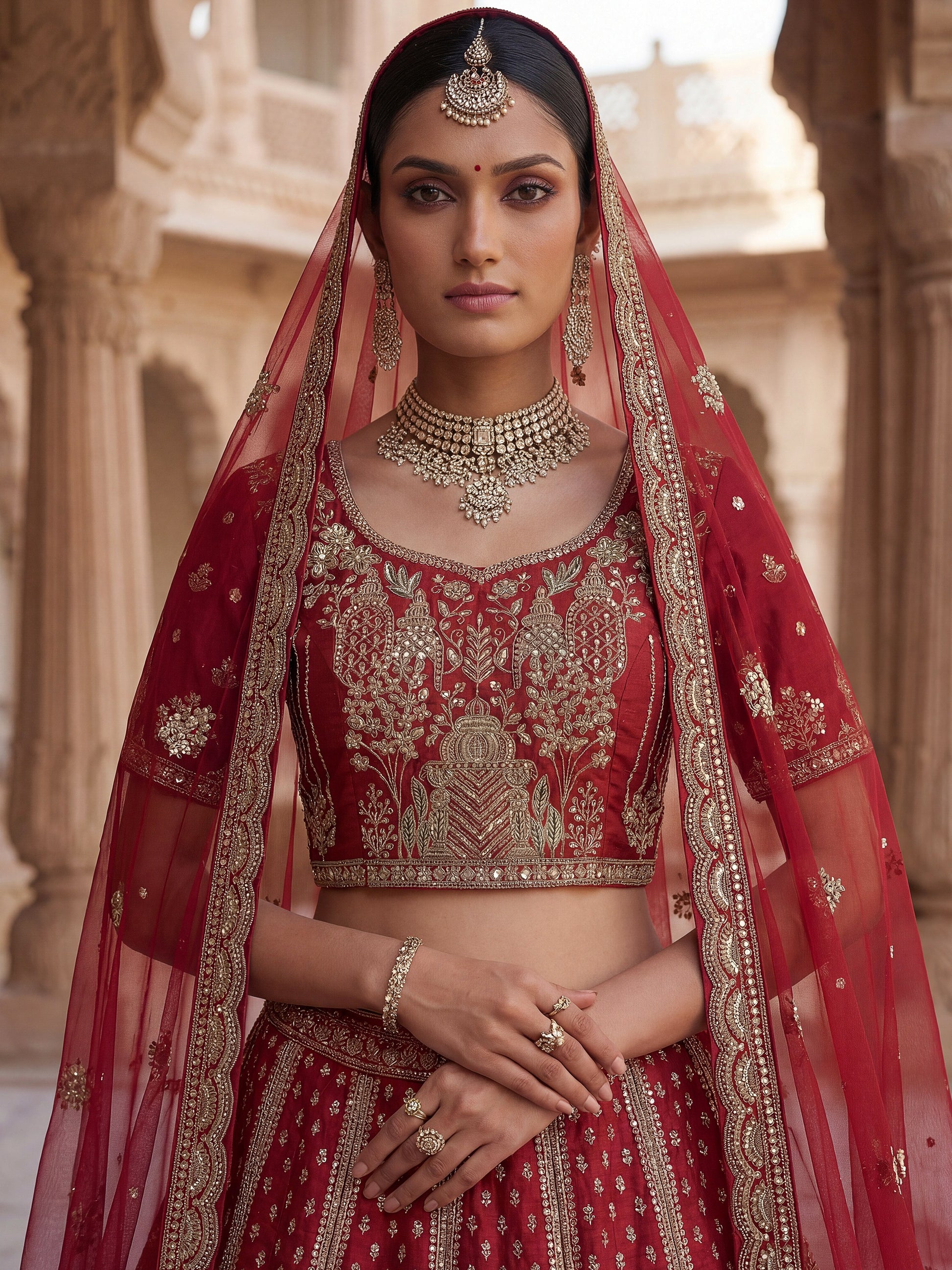 Lovely Red Sequins Embroidery Silk Bridal Lehenga Choli With Double Dupatta