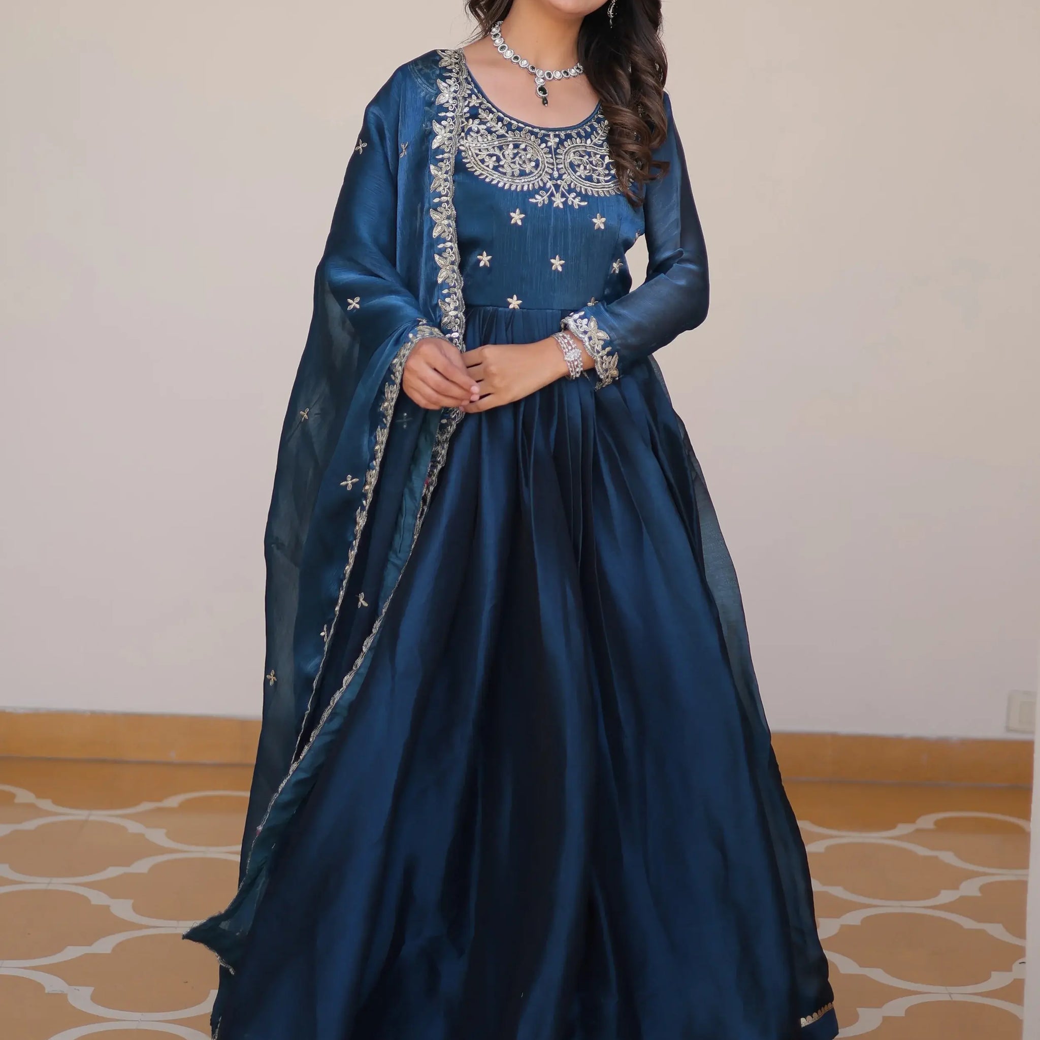 Magnificent Blue Embroidered Silk Event Gown With Dupatta