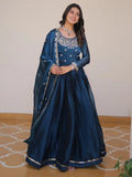 Magnificent Blue Embroidered Silk Event Gown With Dupatta