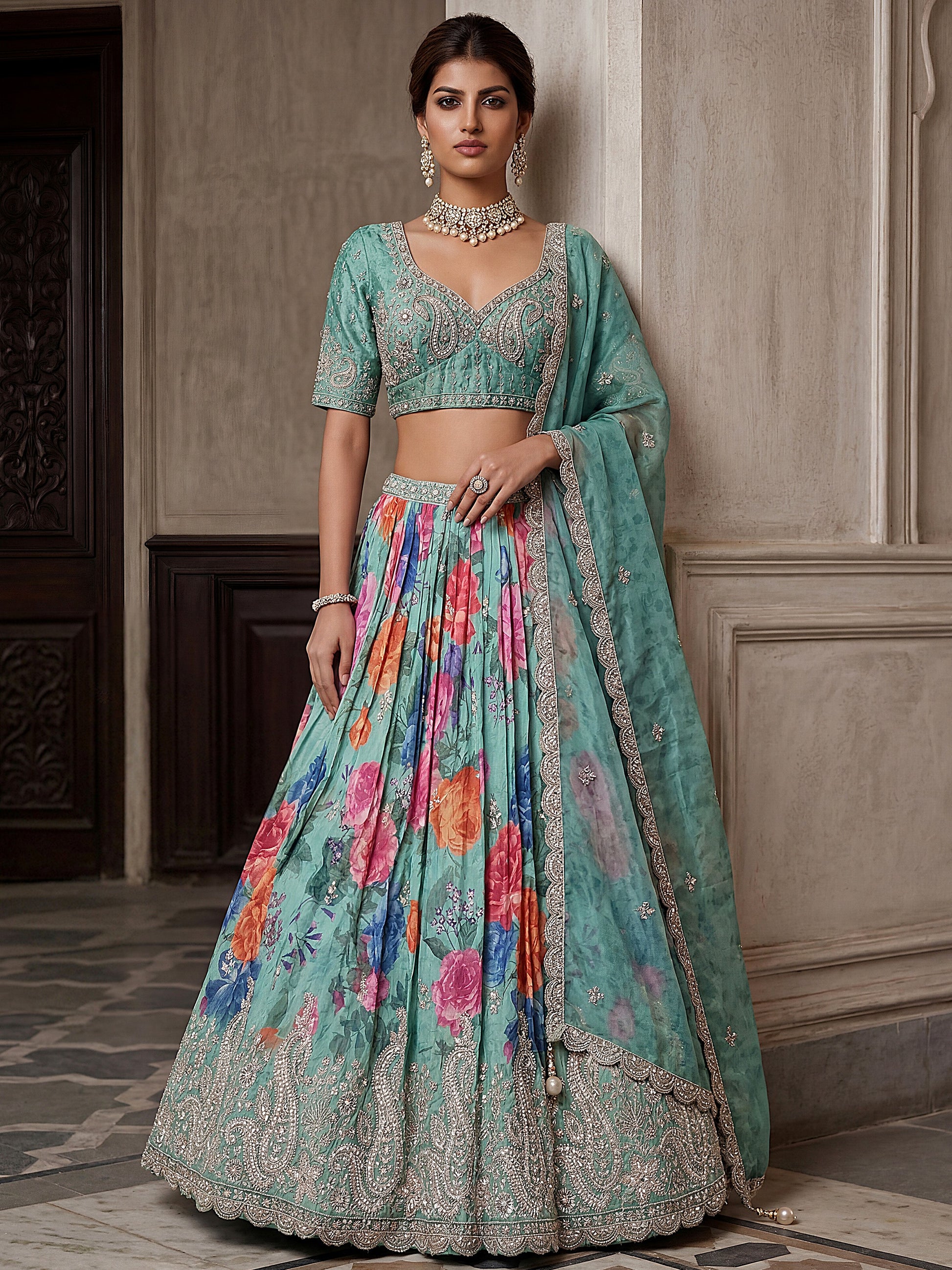 Stunning Sky-Blue Beads Tissue Festive Wear Lehenga Choli With Dupatta