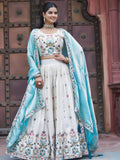 Rich Off-White Thread Embroidery Tissue Bridesmaid Lehenga Choli With Blue Dupatta