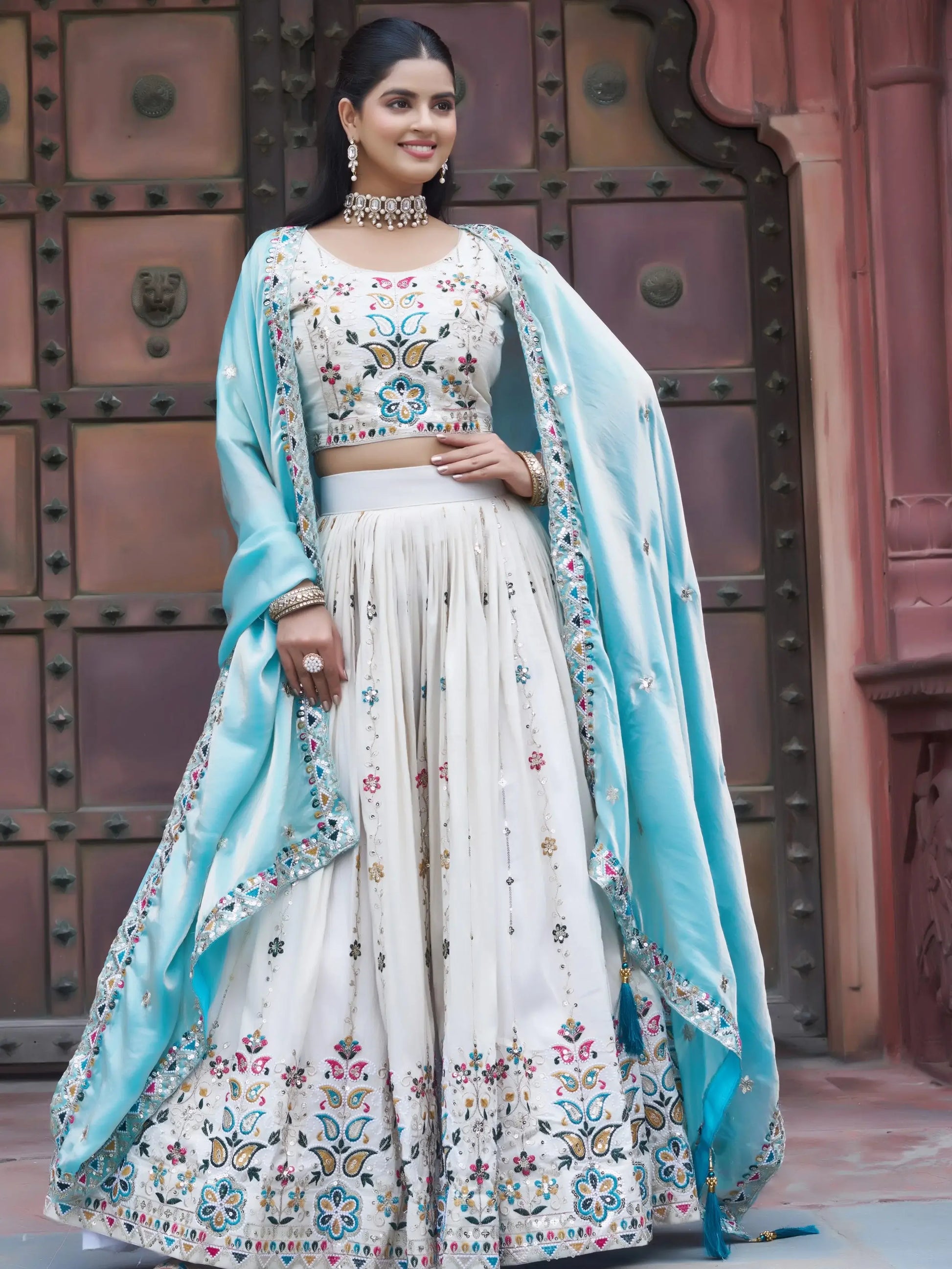 Rich Off-White Thread Embroidery Tissue Bridesmaid Lehenga Choli With Blue Dupatta