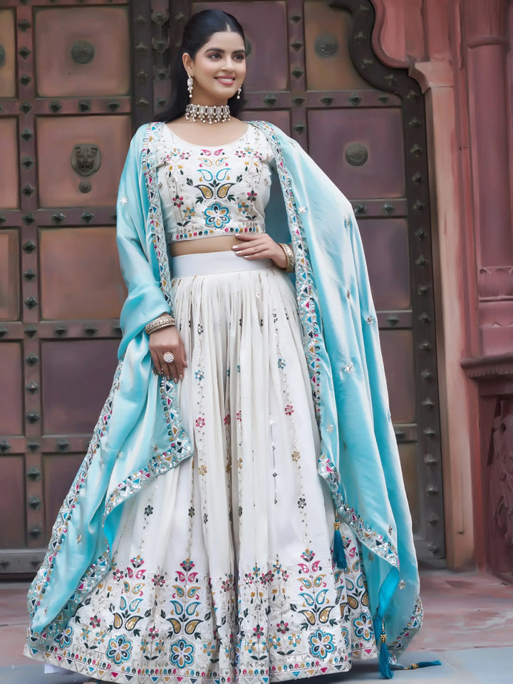 Rich Off-White Thread Embroidery Tissue Bridesmaid Lehenga Choli With Blue Dupatta