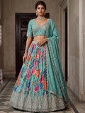 Stunning Sky-Blue Beads Tissue Festive Wear Lehenga Choli With Dupatta