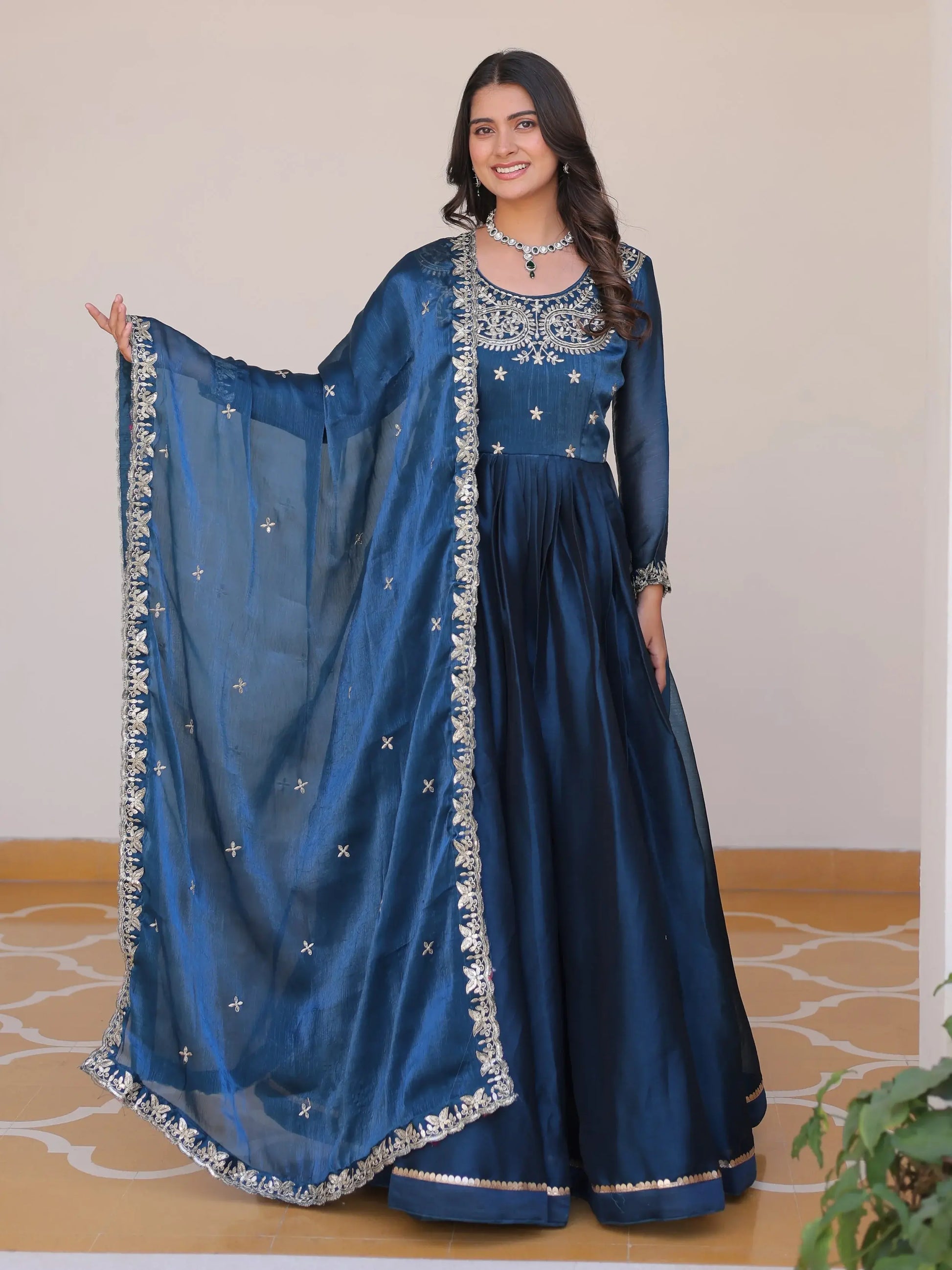 Magnificent Blue Embroidered Silk Event Gown With Dupatta