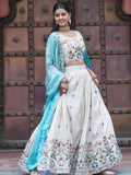 Rich Off-White Thread Embroidery Tissue Bridesmaid Lehenga Choli With Blue Dupatta