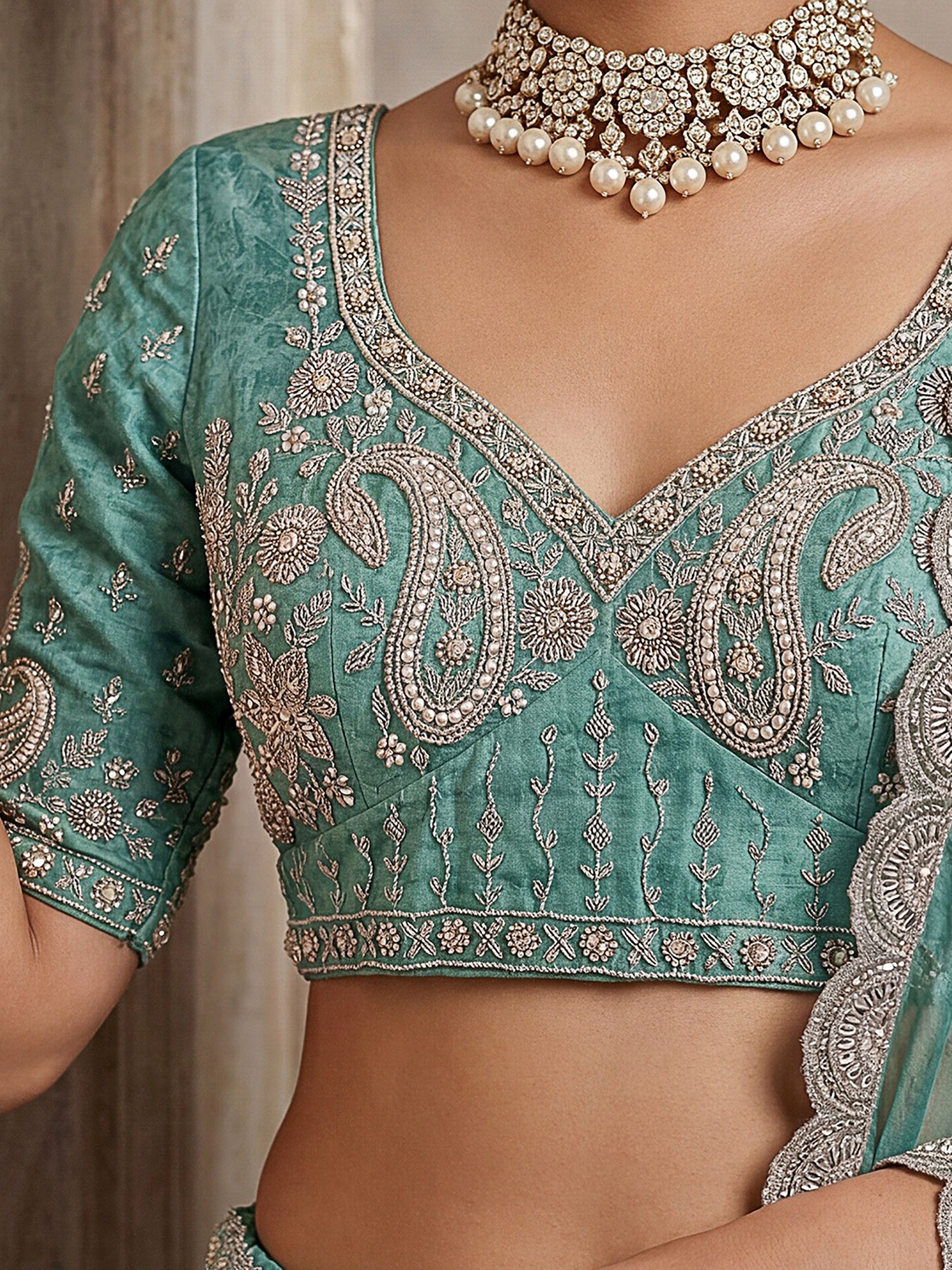 Stunning Sky-Blue Beads Tissue Festive Wear Lehenga Choli With Dupatta