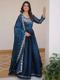 Magnificent Blue Embroidered Silk Event Gown With Dupatta
