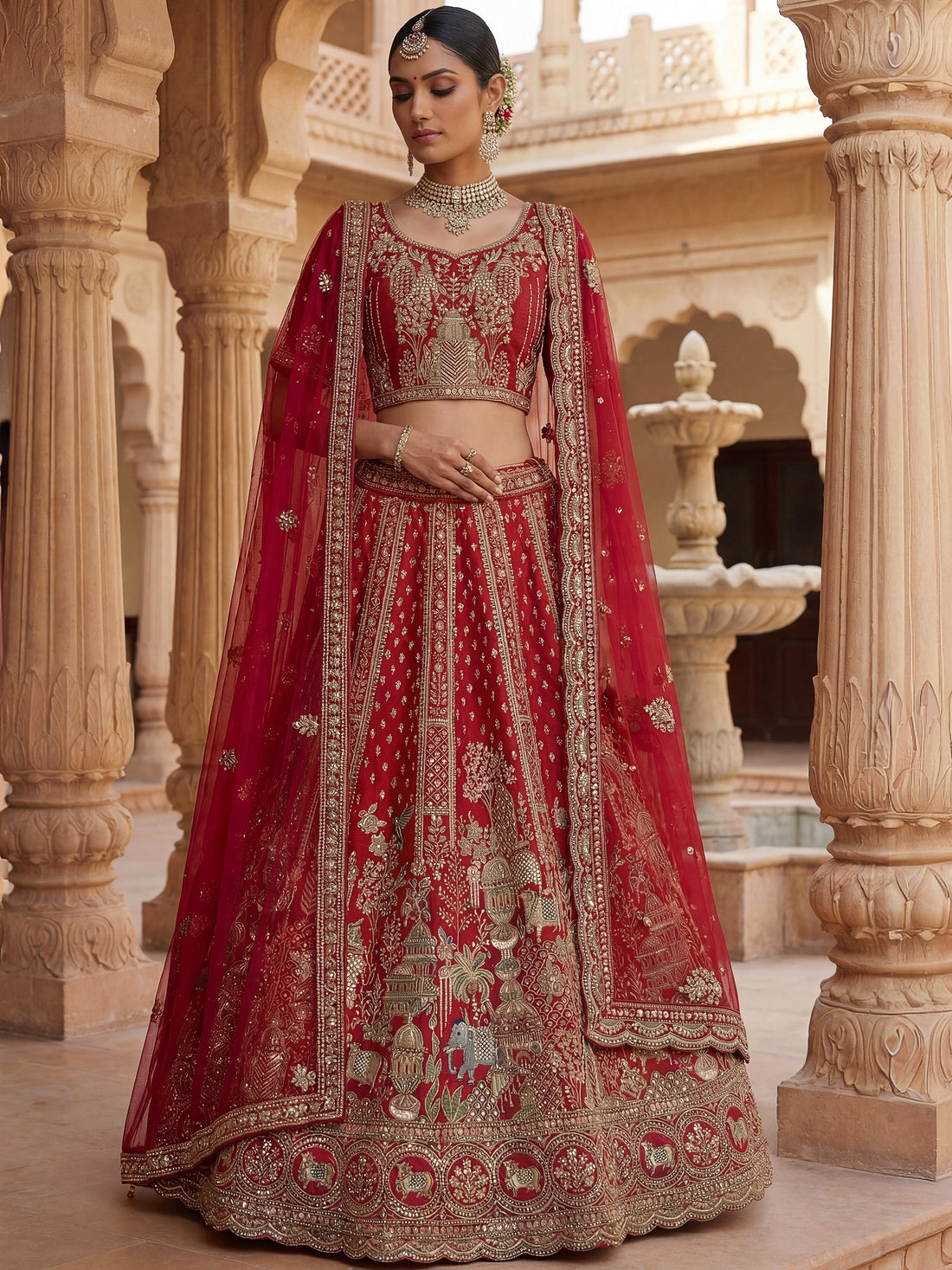 Lovely Red Sequins Embroidery Silk Bridal Lehenga Choli With Double Dupatta
