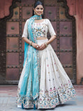 Rich Off-White Thread Embroidery Tissue Bridesmaid Lehenga Choli With Blue Dupatta