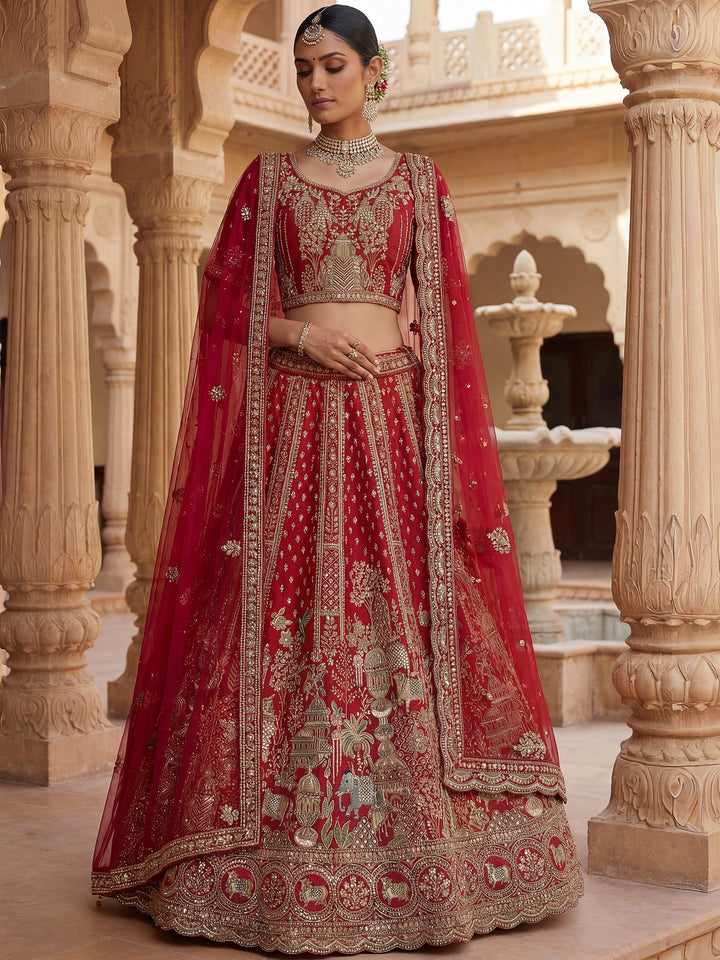 Lovely Red Sequins Embroidery Silk Bridal Lehenga Choli With Double Dupatta
