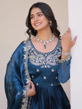 Magnificent Blue Embroidered Silk Event Gown With Dupatta