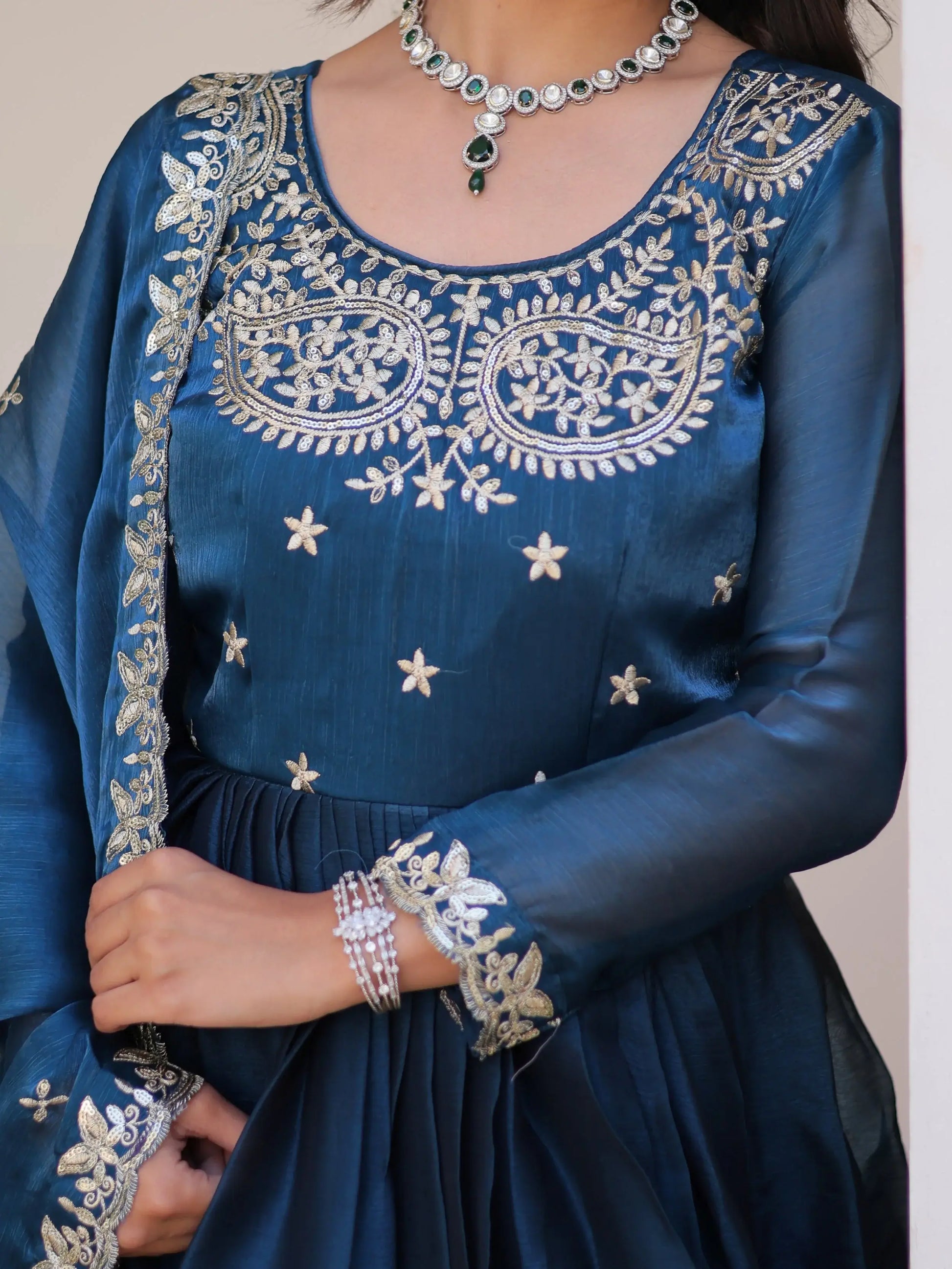 Magnificent Blue Embroidered Silk Event Gown With Dupatta
